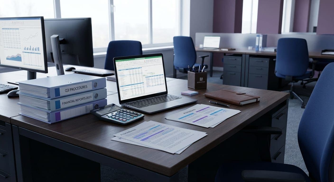 Accounting workspace with spreadsheets, calculator, and organized financial procedure documents
