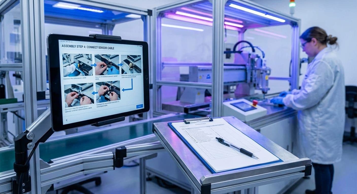 Manufacturing workspace with tablet displaying visual work instructions and step-by-step guides