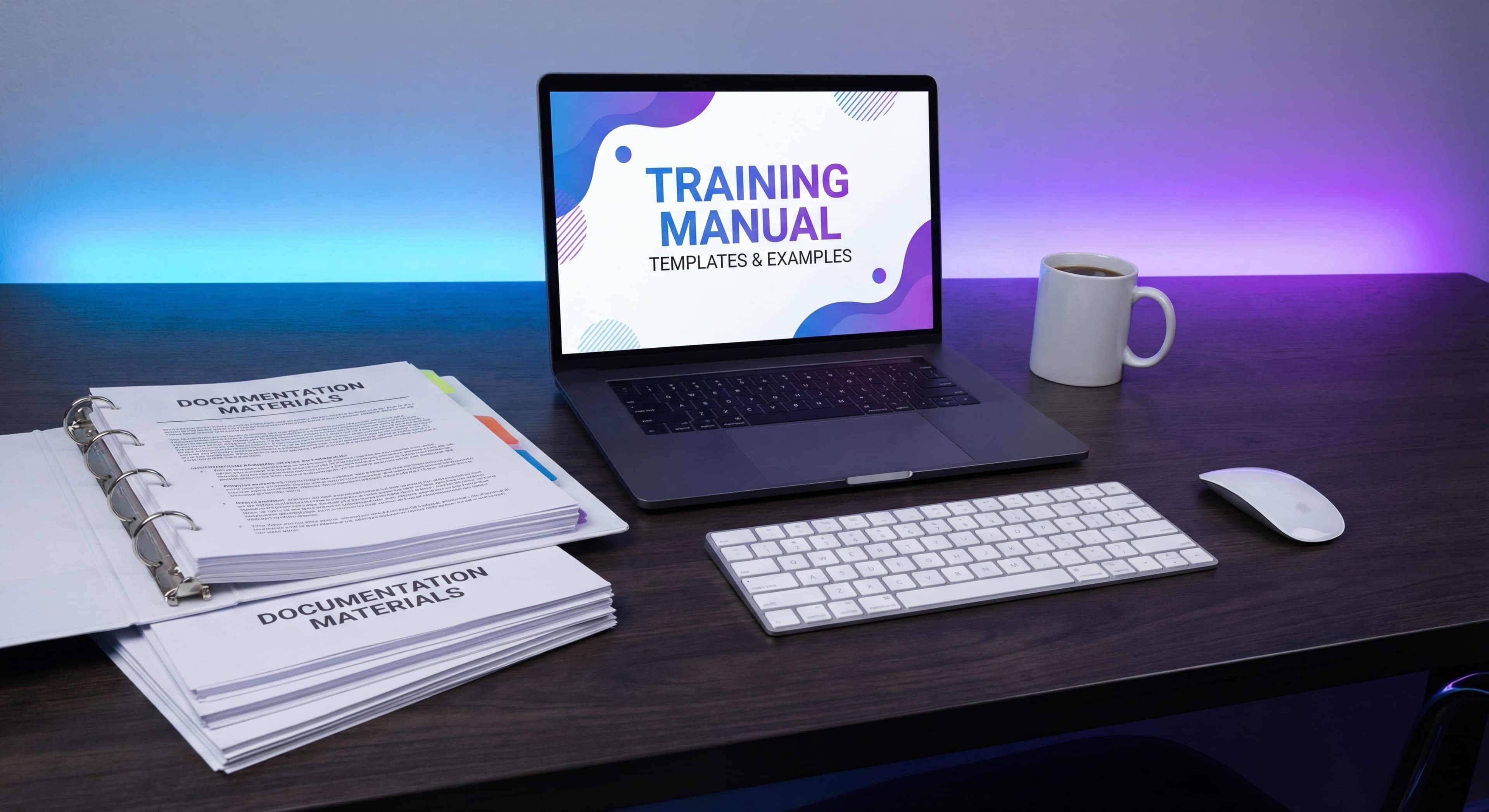 Training manual examples and templates displayed on professional workspace desk