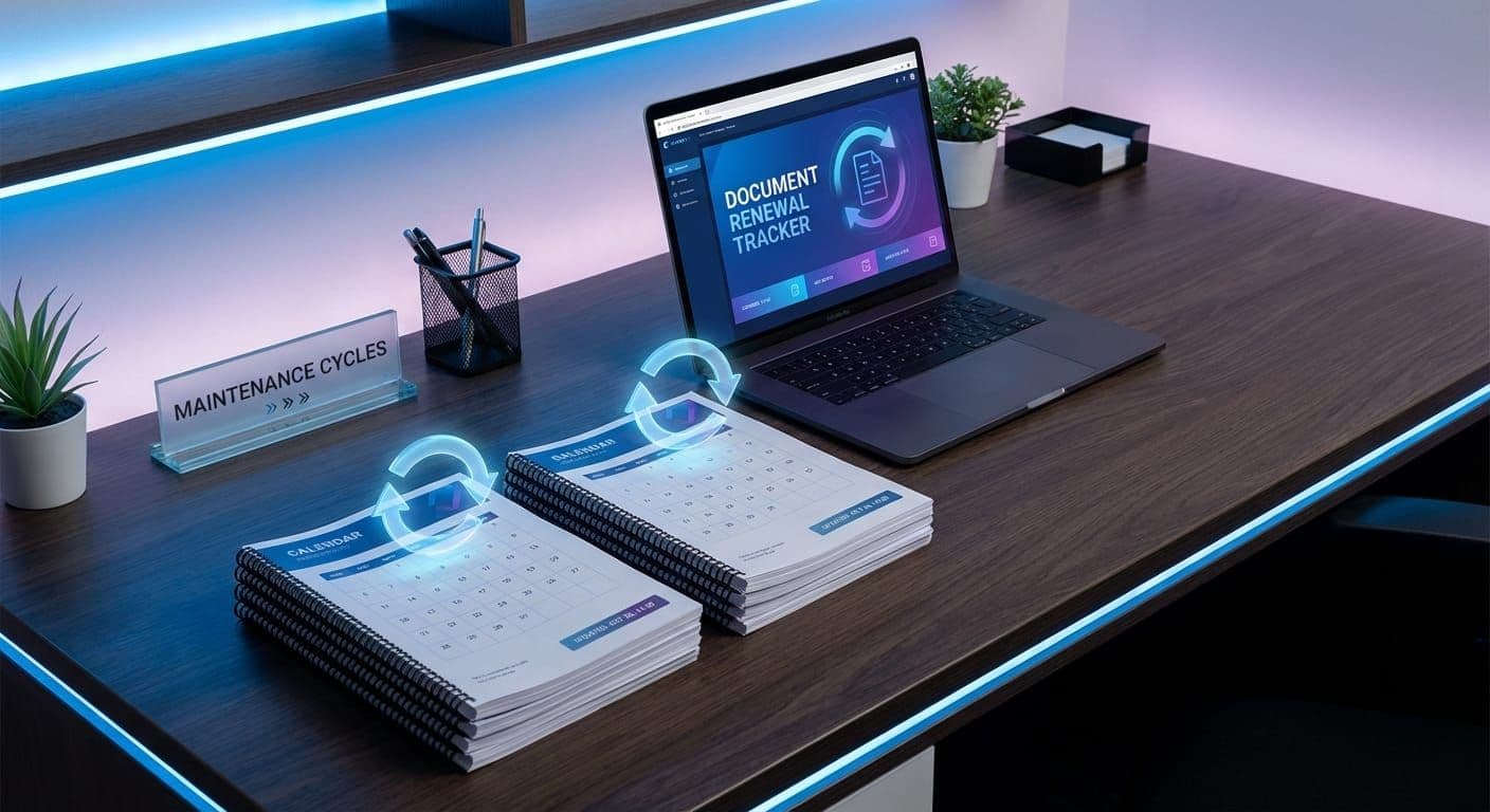 Modern office workspace with documents and update cycles showing documentation maintenance process