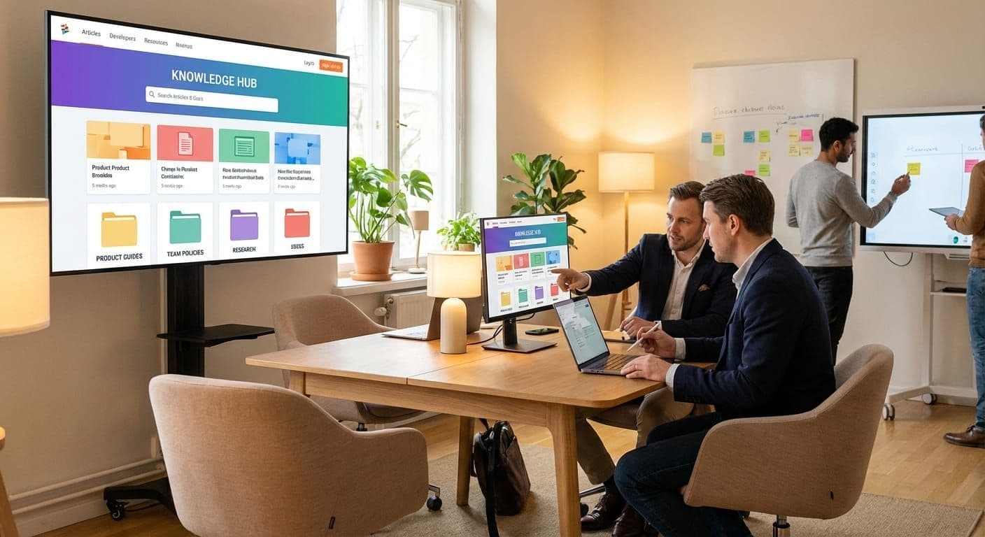 Organized knowledge base system with searchable articles and categorized documentation for team collaboration