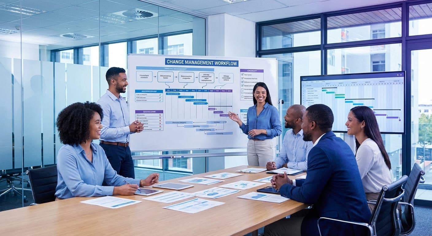 Team collaborating around process diagrams and documents in conference room for change management